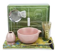 lompyeu Matcha kit - 7 Pièces Kit Matcha Complet Ensemble Fouet en bambo, Bol, Cuillère à thé, Porte-Fouet,Torchon, Porte-cuillère à thé - Idéal pour la Maison, le Bureau et Comme Cadeau (Rose)
