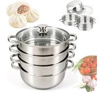 LOMUG Cuiseur vapeur de 28 cm en acier inoxydable avec insert vapeur, batterie de cuisine 3/4/5 étages avec couvercle pour cuire légumes, fruits de mer, soupes, ragoûts et pâtes