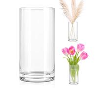 LOMUG Vase cylindrique en verre transparent - 20 cm de haut - Grand vase rond et étroit - Vase à fleurs cylindrique en verre transparent - Pour décoration moderne de la maison - Pour herbe de la pampa