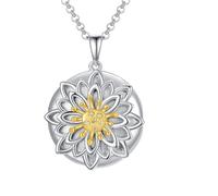 LONAGO 925 Argent Sterling Personnalisé Photo Médaillon Qui Détient des Images de Tournesol Médaillon Pendentif Collier Bijoux pour Femmes (Fleur de Lotus-Médaillon+Photo)