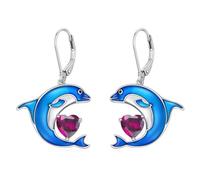 LONAGO Boucles D'oreilles Dauphin pour Femme Argent Sterling 925 Dauphin Bleu avec Pierre de Naissance Pendantes Boucles D'oreilles (Juillet)