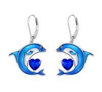 LONAGO Boucles D'oreilles Dauphin pour Femme Argent Sterling 925 Dauphin Bleu avec Pierre de Naissance Pendantes Boucles D'oreilles (Septembre)