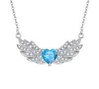 LONAGO Collier Aile Ange Argent Sterling 925 6mm Coeur Coupé Pierre de Naissance avec Ange Gardien Collier Pendentif pour Femme (Mars)