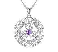 LONAGO Collier avec pendentif celtique triple spirale celtique en argent pour femme - Bijou de protection - Pierre de naissance de jan-décembre, Argent sterling, Zircon