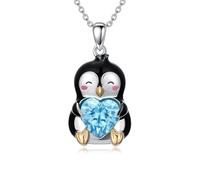 LONAGO Collier Pingouin pour Femme Argent Sterling 925 Adorable Pingouin Tenant un Cœur Bleu Pendentif Collier