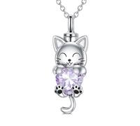 LONAGO Collier urne chat avec pendentif en forme de chat avec pierre de naissance - En argent sterling - Cadeau pour femme, Normale, Argent sterling, Zircone cubique