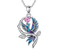 LONAGO Phoenix Collier 925 Argent Sterling Bleu Phoenix Avec Cœur La Pierre de Naissance Pendentif Collier pour Femme (Octobre)