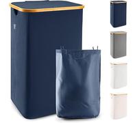 LONBET 100L Panier a Linge avec Couvercle et Cadre Bambou Robuste - Paniere a Linge Sale Esthétique avec Poignées Latérales et Tissu Respirant - Panier à Linge Sac Amovible, Bleu