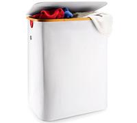 LONBET 150L Panier a Linge 2 Compartiment avec Couvercle et Cadre Bambou Robuste - Esthétique avec Poignées Latérales, Tissu Respirant - Sac Amovible Gris Clair