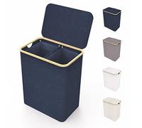 LONBET 150L Panier a Linge 2 Compartiment avec Couvercle et Cadre Bambou Robuste - Esthétique avec Poignées Latérales, Tissu Respirant - Sac Amovible Bleu