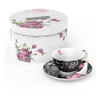London Boutique Ensemble Tasse à thé et Soucoupe - 1 Service à thé de l'après-midi - Porcelaine Anglaise Vintage - Boîte Cadeau - Motif Floral - Noir - 200 m