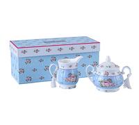 London Boutique Ensemble théière en porcelaine avec théière, sucrier et pot à lait crème - Style shabby chic vintage floral dans une boîte cadeau (crème et sucre rose bleu)