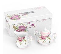 London Boutique - Grande théière en porcelaine anglaise avec pot à lait et sucrier, avec boîte cadeau, 1 300 ml (pot à lait et sucrier), Blanche