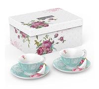 London Boutique Lot de 2 Tasses à thé et soucoupes en Porcelaine Anglaise Vintage Motif Floral Turquoise 200 m