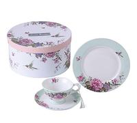 London Boutique Lot de 3 Assiettes à café et soucoupes à Dessert Style Shabby Chic Vintage Porcelaine Oiseau Papillon Floral Turquoise, 11x8cm