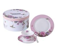 London Boutique Lot de 3 Tasses à café et Soucoupe 19,1 cm - en Porcelaine Vintage Chic - Oiseau Papillon Floral - Coffret Cadeau (Rose)