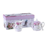 London Boutique Service à thé en porcelaine avec sucrier et pot à crème vintage style shabby chic avec coffret cadeau Motif rose et papillon rose