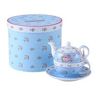 London Boutique Théière en Porcelaine Fine pour Une Personne avec Soucoupe Motif Fleurs de Rose Vintage Victoria Flora Bleu