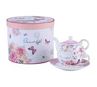 London Boutique Théière et Tasse à thé pour Une Personne en Porcelaine avec boîte Cadeau Motif Floral Rose Lavande