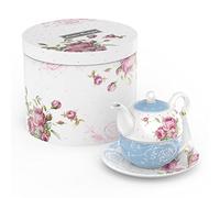 London Boutique - Théière, tasse et sous-tasse en porcelaine pour femme - Motif floral vintage - pour 1 personne - 350 ml (bleu)