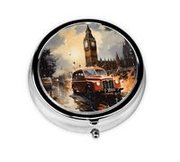 London Color Taxi Cette petite boîte à pilules ronde imprimée est un organisateur portable pour pilules et vitamines, parfait pour les poches, les sacs à main et les voyages.