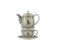 London Pottery - Théière en porcelaine anglaise avec tasse et soucoupe, thé de l'après-midi pour une personne, ensemble de théière avec motif animal (lièvre)