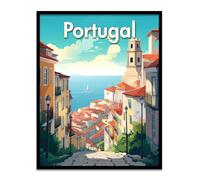 Lone Star Art Panorama portugais : affiche de 27,9 x 35,6 cm - rue pavée descendante, vue sur la mer côtière et grandeur architecturale - Une illustration et un dessin captivants du paysage portugais