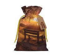 Lonely Bench Sacs de Noël réutilisables avec cordon de serrage imprimés coucher de soleil pour emballage cadeau de Noël, ruban jaune, taille S
