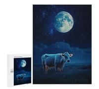 Lonely Cow in Moonlight, Puzzle pour Adultes, 500 PCS, Édition Illustrée, comme Idée Cadeau pour Les Adultes Aimant Les Puzzles
