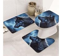 Lonely Wolf - Lot de 3 tapis de salle de bain en forme de U + tapis de bain antidérapant en microfibre + tapis de couvercle de toilette doux et absorbant pour décoration d'intérieur