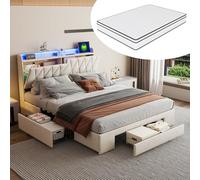 LONELYO 160x200 Sommier LED et USB, Type-C, Matelas à Ressorts Ensachés 160x200x25 cm, lit 2 Personnes pour Adultes, Adolescents, Velours, Beige (Lit + Matelas)