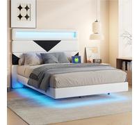 LONELYO Cadre de lit 160x200 avec Sommier, Lit 2 Personnes avec Lumières LED, Ports USB, Lit Double en Velours Blanc et Noir avec Tête de Lit Réglable et Rangement, Moderne pour Adulte