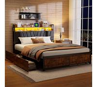 LONELYO Cadre de Lit 160x200 avec Sommier Métal, 2 Personnes avec Lumières LED et Port USB, Double en Métal, Tête Rembourrée, 4 Tiroirs de Rangement, Moderne, Marron Vintage+Gris