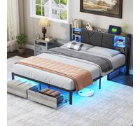 LONELYO Cadre de Lit 160x200 avec Sommier Métal Lit 2 Personnes avec Lumières LED & Multiprise, lit Double 160x200 cm avec Rangement, Facile à Assembler, Marron, Noir