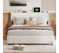 LONELYO Cadre de Lit 160x200 cm en Cuir PU Blanc avec 4 Tiroirs, Port USB et Lumière Tactile - Lit Double Design Moderne, Idéal pour Adulte et Chambre à Coucher avec Rangement Pratique