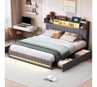 LONELYO Cadre de lit 160x200, Lit Deux placeavec Port USB, éclairage LED, 4 tiroirs, Tête de lit avec Rangement, Lin Gris, Facile à Installer (160×200)