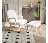 LONELYO Chaise d'allaitement, Chaise de Lecture avec Repose-Pieds, Laine Longue, Assise Douce et Confortable, Chaise à Bascule Blanche (Blanc, 96 * 51)