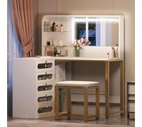 LONELYO Coiffeuse d'angle L Design Moderne avec Miroir LED et 5 tiroirs, Bureau avec éclairage réglable et étagères