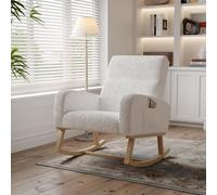 LONELYO Fauteuil à Bascule en Teddy Doux, Chaise de Relaxation Blanche avec accoudoirs, Design Ergonomique et Confortable, Fauteuil de Salon Moderne avec Coussin épais et Pieds en Bois