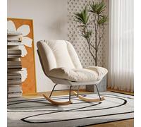 LONELYO Fauteuil à Bascule Ergonomique, Rocking Chair Confortable avec Coussin Beige et Structure Grise - Revêtement en Tissu Lin et Simili Cuir, Dossier Réglable sur 12 Positions pour Salon ou Bureau