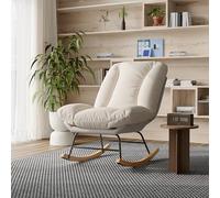 LONELYO Fauteuil Rocking Chair Ajustable - Design Bi-Matière Lin et Tissu Technologique - 5 Positions de Dossier - Chaise à Bascule Confortable pour Salon et Chambre - Beige et Gris (B)
