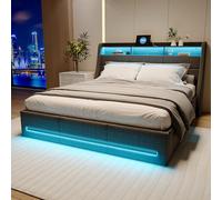 LONELYO Lit 140 x 190 avec sommier, Lits de Rangement hydraulique avec Ports USB et Type-C, Lit rembourré avec lumières LED, Tête de lit avec Espace de Rangement, Matière Lin, Gris, Style Moderne