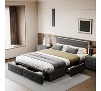 LONELYO Lit 140 x 200 cm avec éclairage LED et espace de rangement, matériau PU gris, lit rembourré moderne avec 2 tiroirs pour plus d'ordre