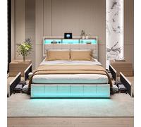LONELYO Lit 140x200 avec Sommier LED et USB, lit Coffre 140x200 avec 4 Tiroirs et Grand Rangement, Lit Double avec à Lattes, Beige
