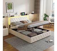 LONELYO Lit 140x200 avec Sommier LED et USB, Lit Coffre 140x200 avec Rangement, lit Double avec à Lattes en Métal