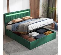 LONELYO Lit 140x200 avec Sommier, Lit Coffre avec Rangement Hydraulique, Tête de Lit Capitonnée en Velours Vert et Éclairage LED RGB
