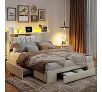 LONELYO Lit 140x200 avec Sommier, Lit Double Rembourré avec Rangement et Éclairage LED Multicolore, Velours Beige, USB Type-C et Prises Européennes, Télécommande Incluse - Conçu pour Jeunes et Adultes