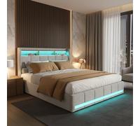 LONELYO Lit 140x200 cm avec Sommier LED et USB, Tissu en Lin Beige, Éclairage RGB Multicolore, Tête de Lit avec Étagère, Coffre de Rangement et 4 Tiroirs Spacieux
