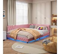 LONELYO Lit 140x200 cm Rose en Velours Teddy avec Sommier, Coffre de Rangement, Éclairage LED et Port USB, Lit Capitonné Moderne pour 2 Personnes, sans Matelas