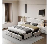 LONELYO Lit 160 x 200 cm avec éclairage LED et espace de rangement, matériau PU beige, lit rembourré moderne avec 2 tiroirs pour plus d'ordre